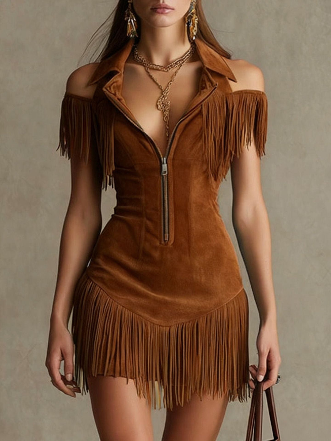 Julia | Robe western rétro en daim d’inspiration américaine, à épaules dénudées, avec détails à franges