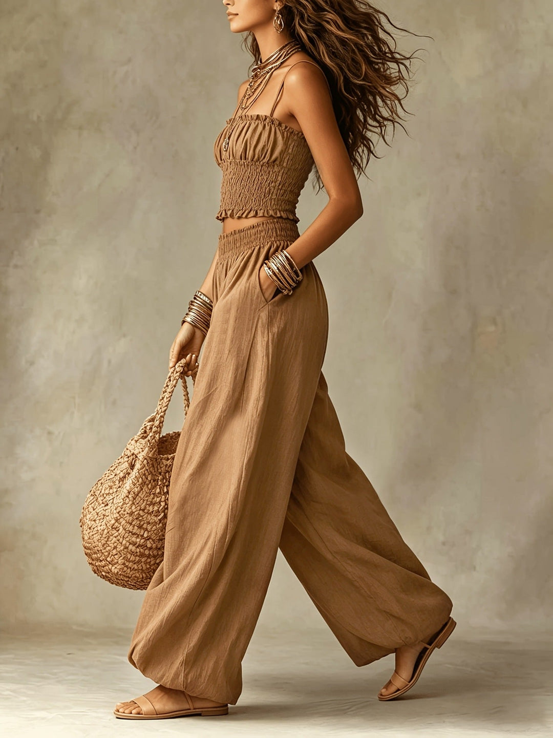 Ensemble deux pièces pour femme avec crop top smocké et pantalon à jambes larges