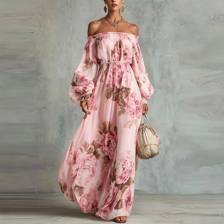 Payton | Élégante robe longue fleurie à épaules dénudées et manches longues