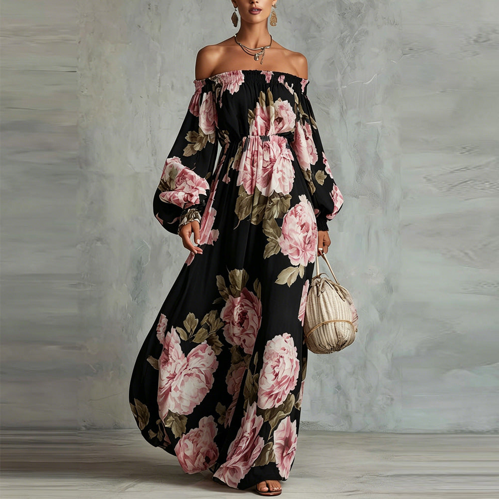 Payton | Élégante robe longue fleurie à épaules dénudées et manches longues