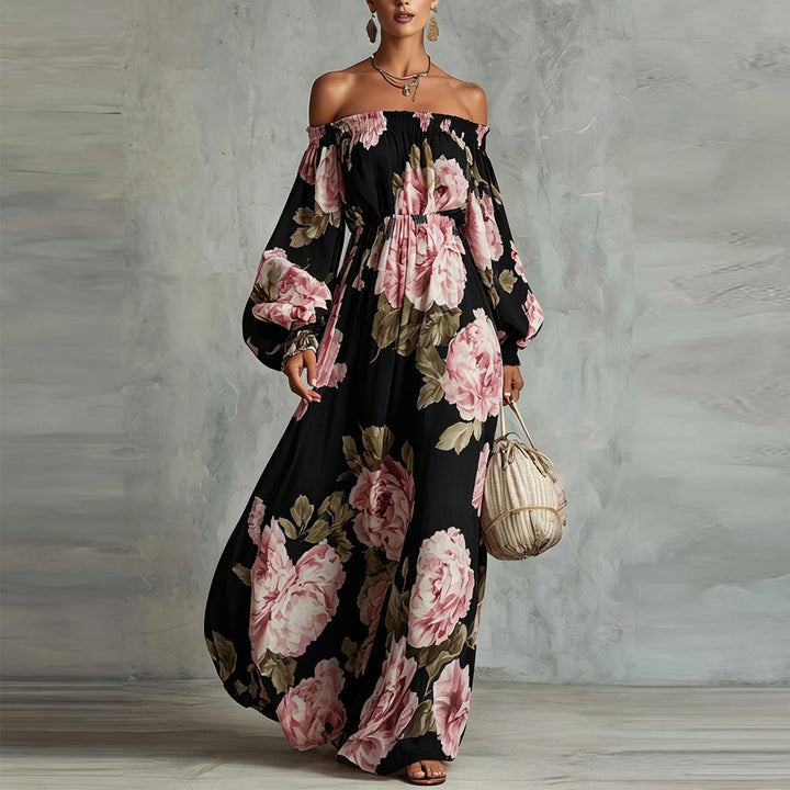 Payton | Élégante robe longue fleurie à épaules dénudées et manches longues