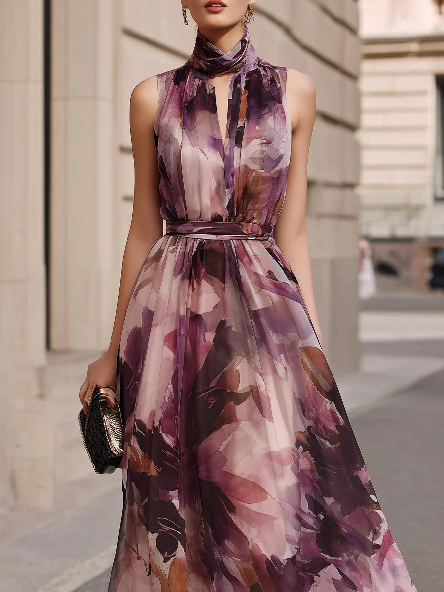 Robe longue fleurie à col noué avec ceinture à la taille