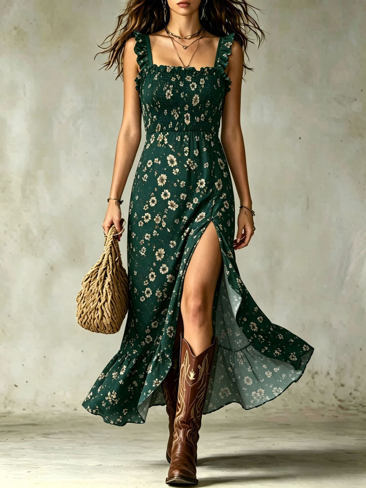 Robe longue fleurie à smocks avec détails volantés et fente latérale