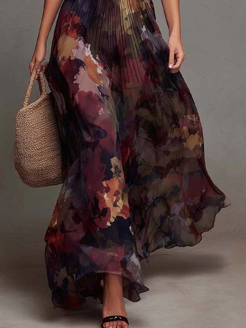 Robe longue plissée à col en V à imprimé floral aquarelle