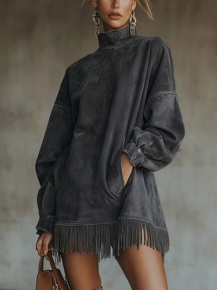Gabrielle | Robe en Suédine à Col Montant et Franges