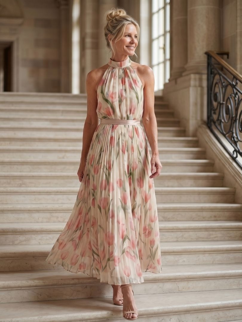 Aurelle™ Robe midi fleurie à encolure dos-nu