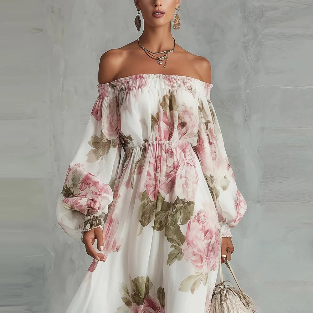 Payton | Élégante robe longue fleurie à épaules dénudées et manches longues