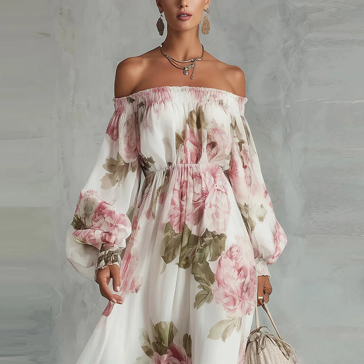 Payton | Élégante robe longue fleurie à épaules dénudées et manches longues