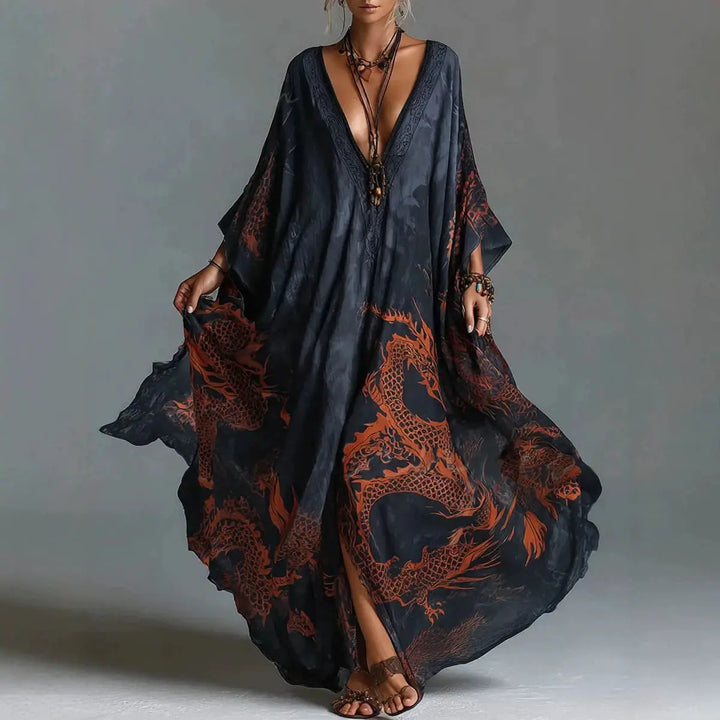 Yvette™ | Robe Élégante à Col V, Imprimé Vintage et Manches Chauve-Souris