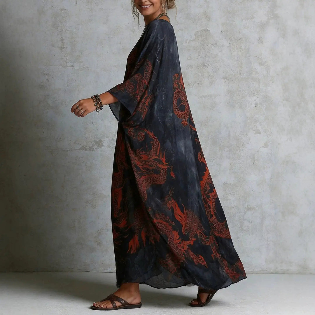 Yvette™ | Robe Élégante à Col V, Imprimé Vintage et Manches Chauve-Souris