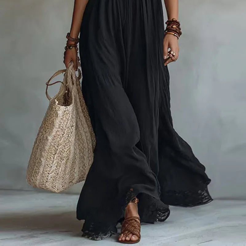 JADE | Robe longue dos ouvert à empiècement de dentelle et encolure américaine