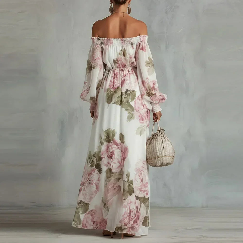 Payton | Élégante robe longue fleurie à épaules dénudées et manches longues