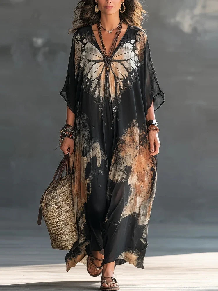 Robe Maxi Chiffon Kaftan Élegante Femme Imprimé Papillon Col V Manches Mi-Longues Lâche Surdimensionnée Boho Décontractée Plage Longue
