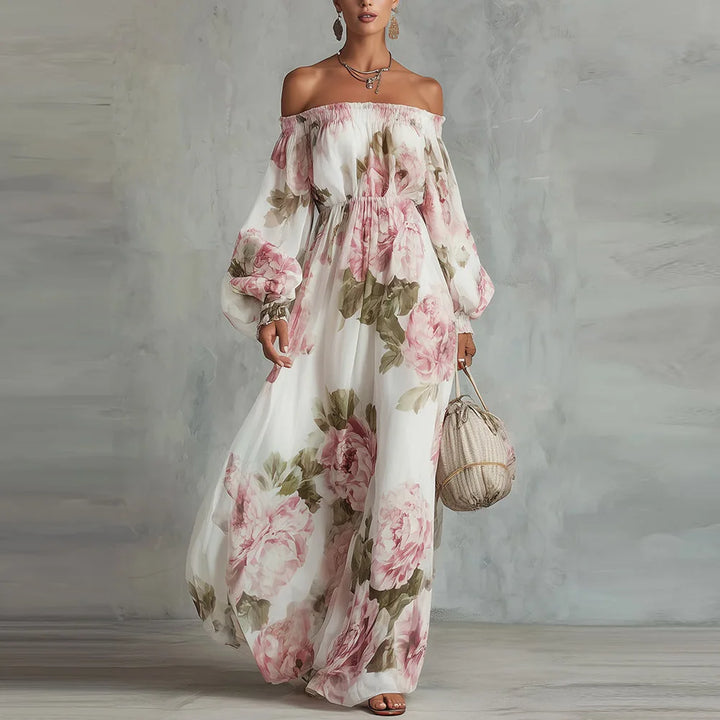Payton | Élégante robe longue fleurie à épaules dénudées et manches longues