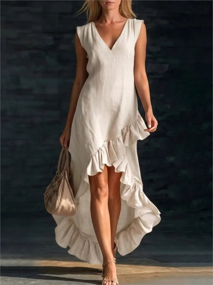 ROWAN | Élégante robe longue sans manches avec ourlet volanté romantique