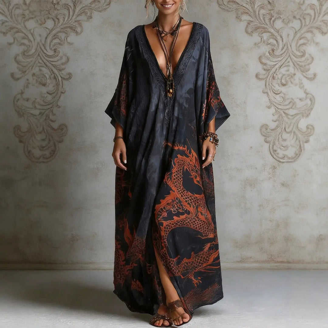 Yvette™ | Robe Élégante à Col V, Imprimé Vintage et Manches Chauve-Souris