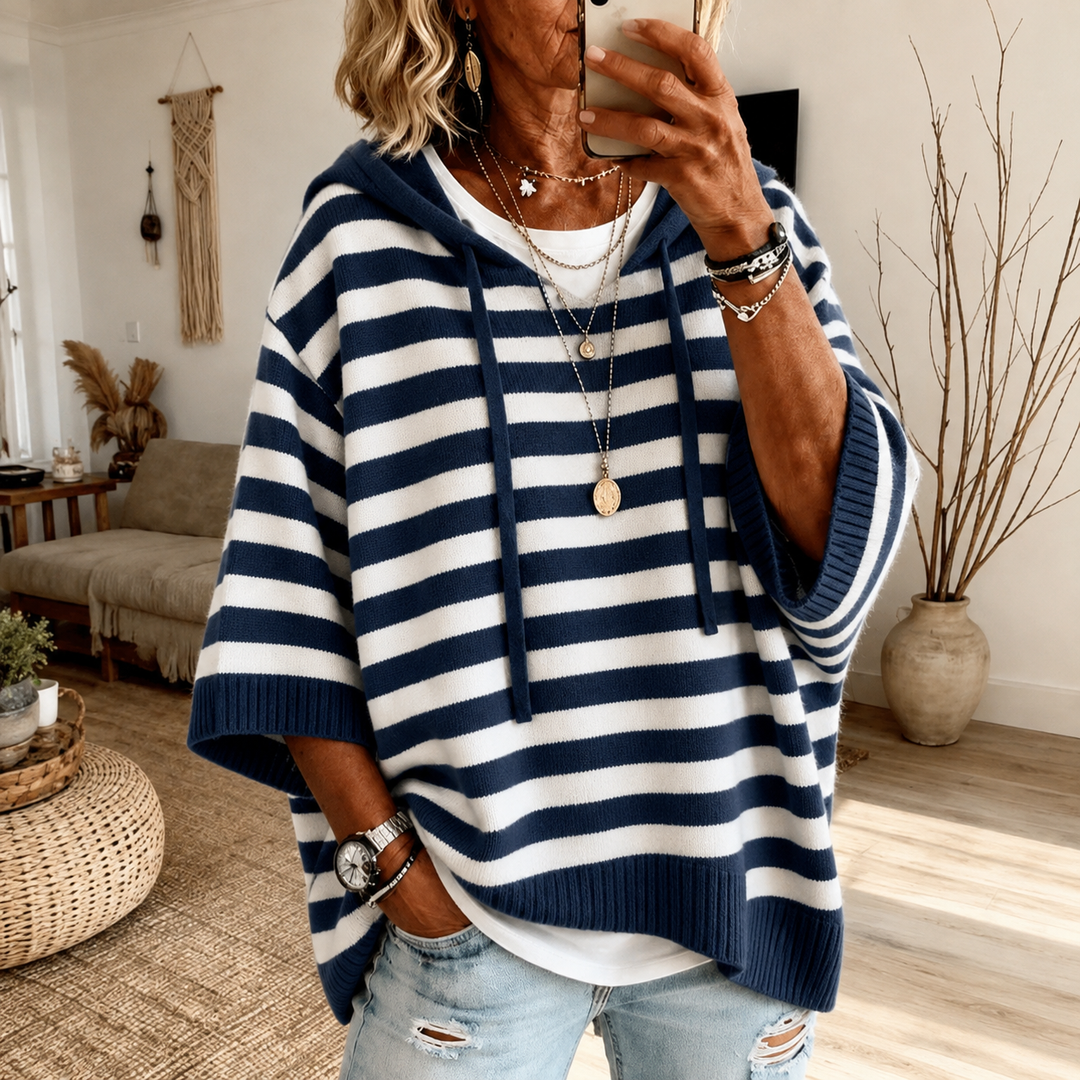 Marine – Poncho-pull chic à rayures bleu marine