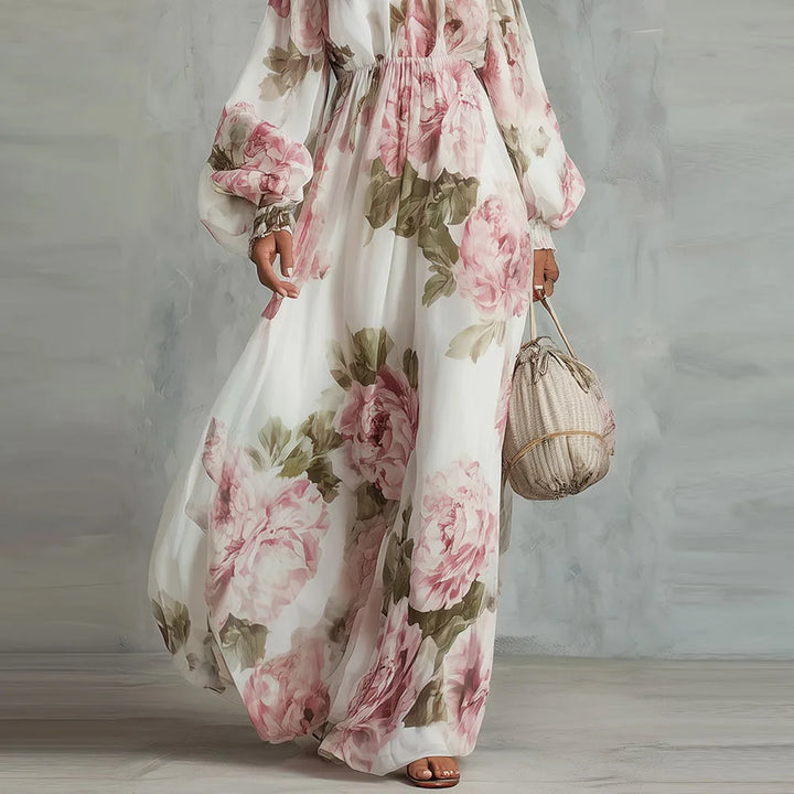 Payton | Élégante robe longue fleurie à épaules dénudées et manches longues