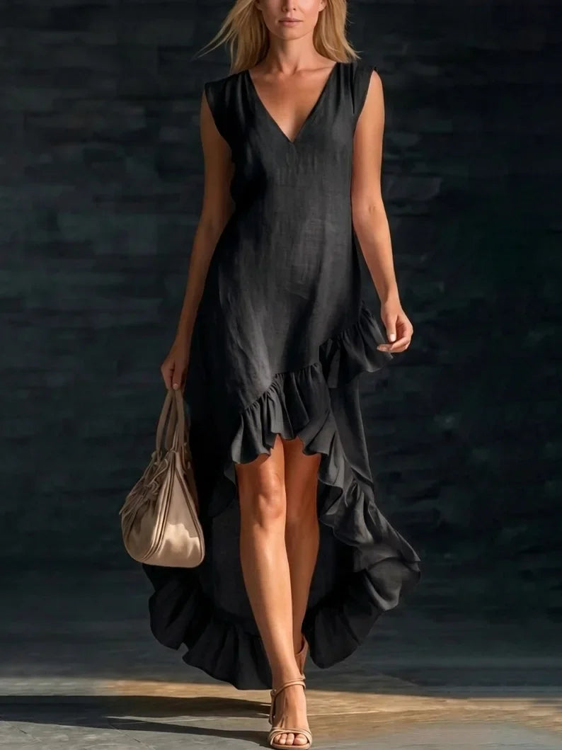 ROWAN | Élégante robe longue sans manches avec ourlet volanté romantique