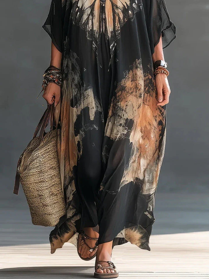 Robe Maxi Chiffon Kaftan Élegante Femme Imprimé Papillon Col V Manches Mi-Longues Lâche Surdimensionnée Boho Décontractée Plage Longue