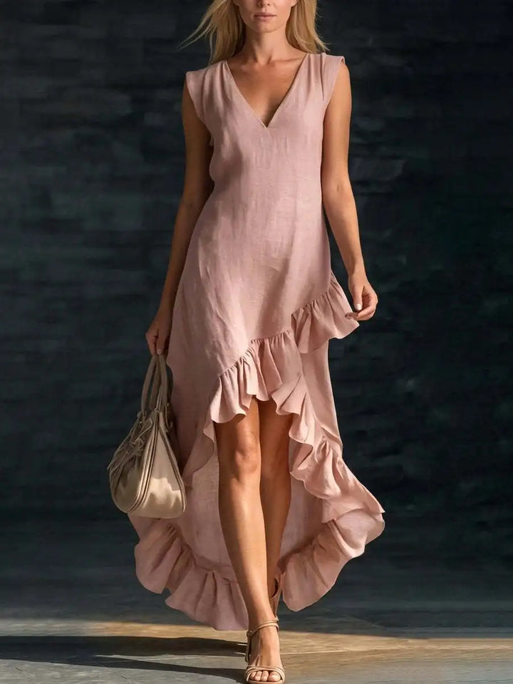 ROWAN | Élégante robe longue sans manches avec ourlet volanté romantique