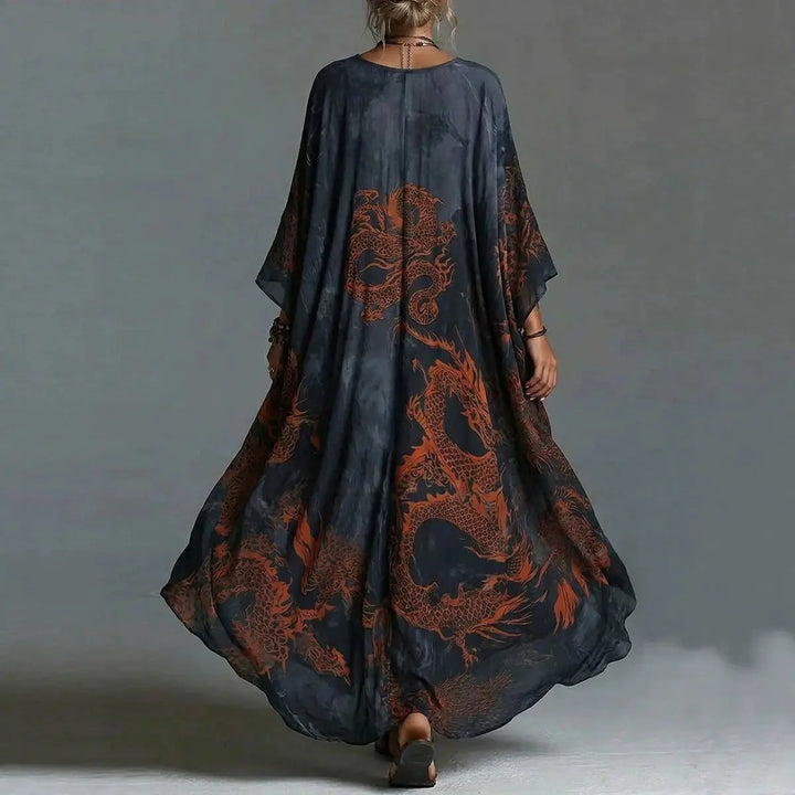 Yvette™ | Robe Élégante à Col V, Imprimé Vintage et Manches Chauve-Souris