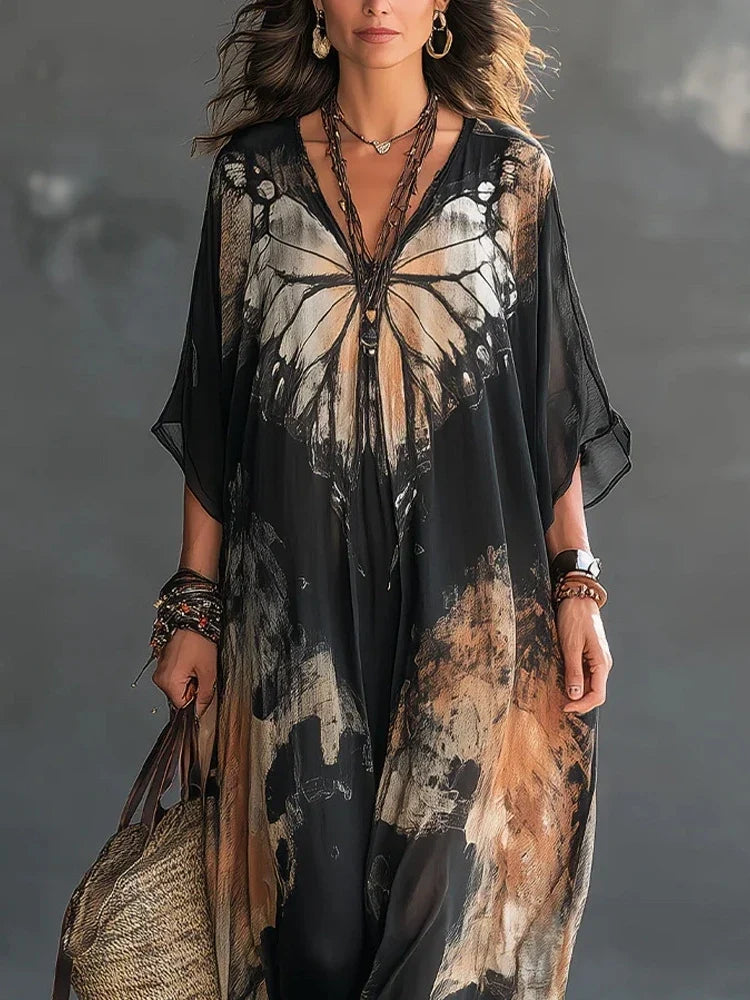 Robe Maxi Chiffon Kaftan Élegante Femme Imprimé Papillon Col V Manches Mi-Longues Lâche Surdimensionnée Boho Décontractée Plage Longue