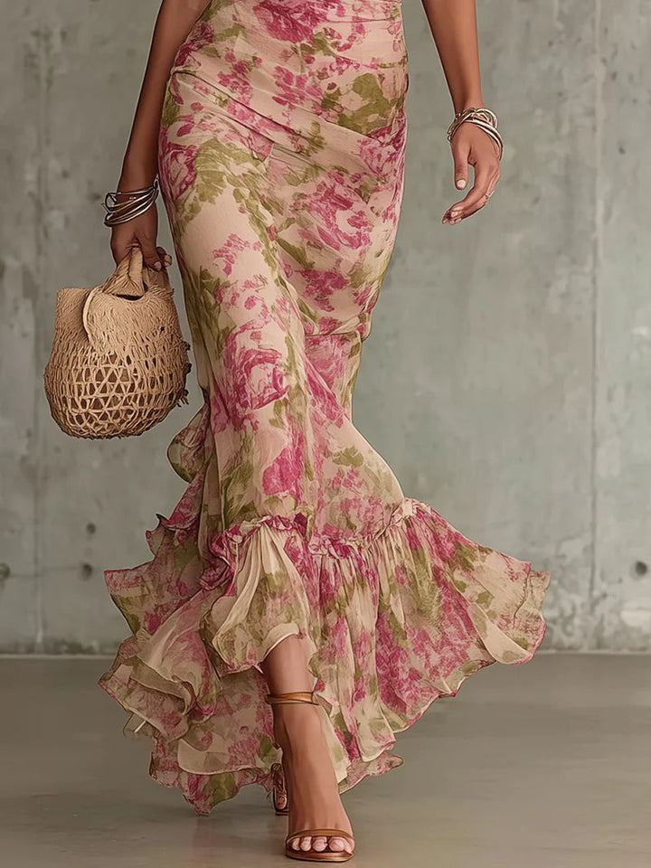 Fiora | Robe longue romantique à imprimé roses vintage et manches bouffantes