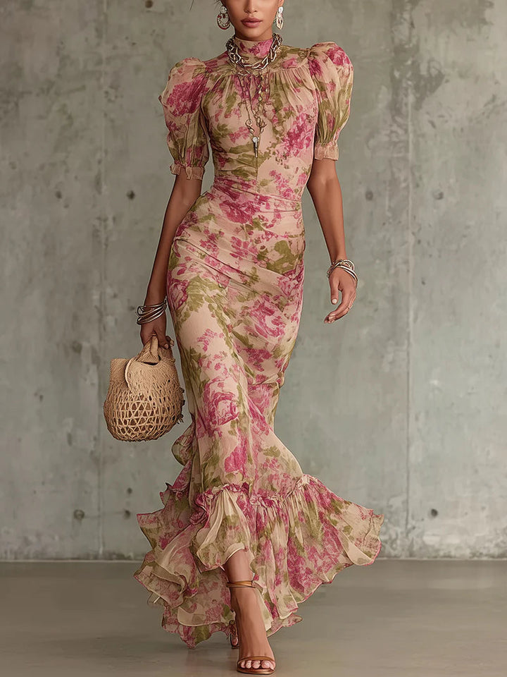 Fiora | Robe longue romantique à imprimé roses vintage et manches bouffantes