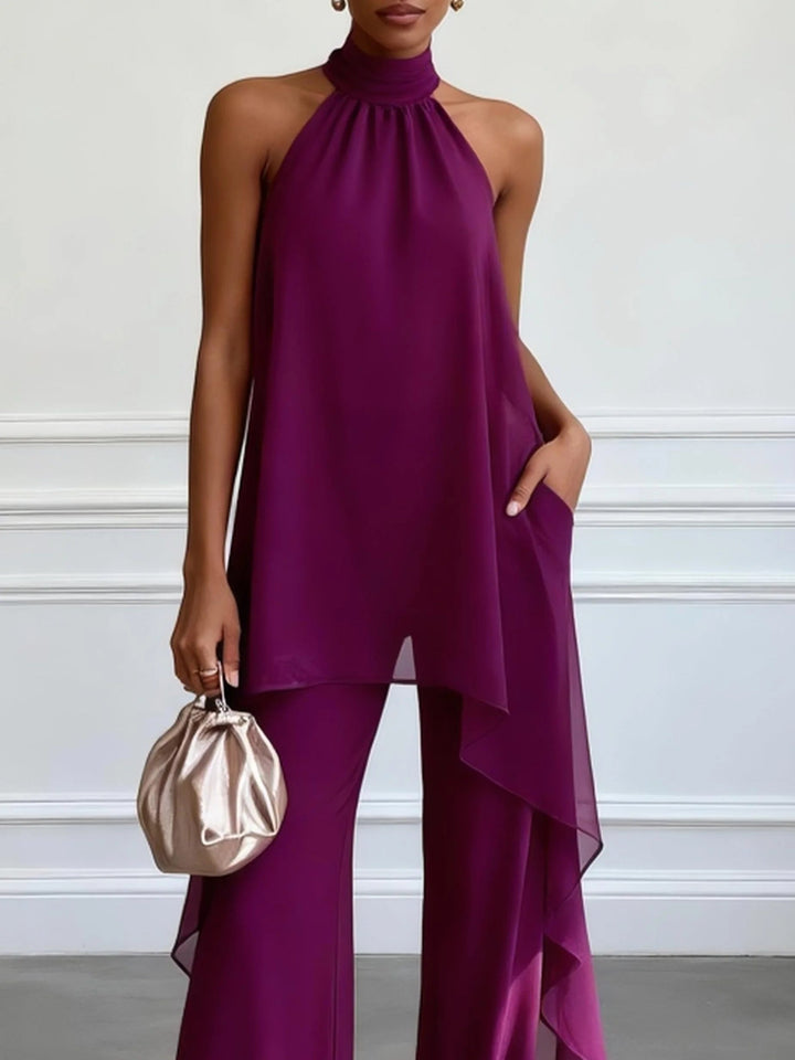 Ensemble deux pièces violet élégant, haut dos-nu sans manches et pantalon