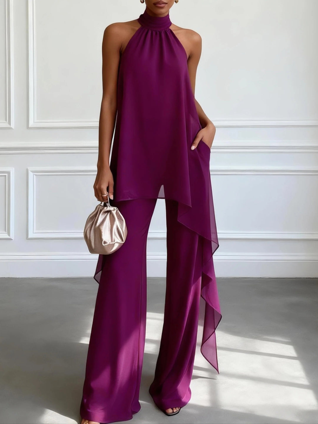 Ensemble deux pièces violet élégant, haut dos-nu sans manches et pantalon
