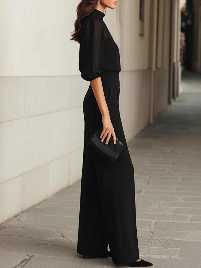 Valentina • Ensemble trois pièces noir avec caraco transparent et pantalon large • S1