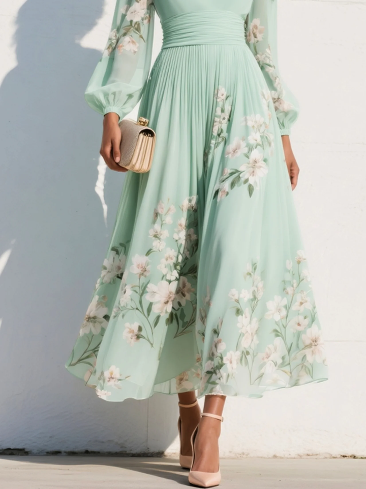 Robe longue plissée en mousseline vert menthe à imprimé floral pour femme