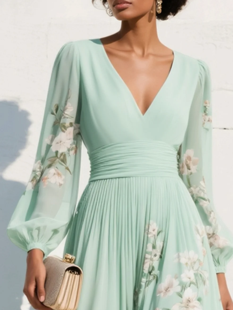 Robe longue plissée en mousseline vert menthe à imprimé floral pour femme