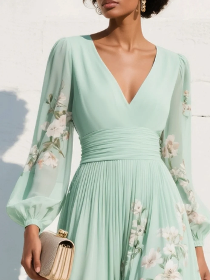 Robe longue plissée en mousseline vert menthe à imprimé floral pour femme