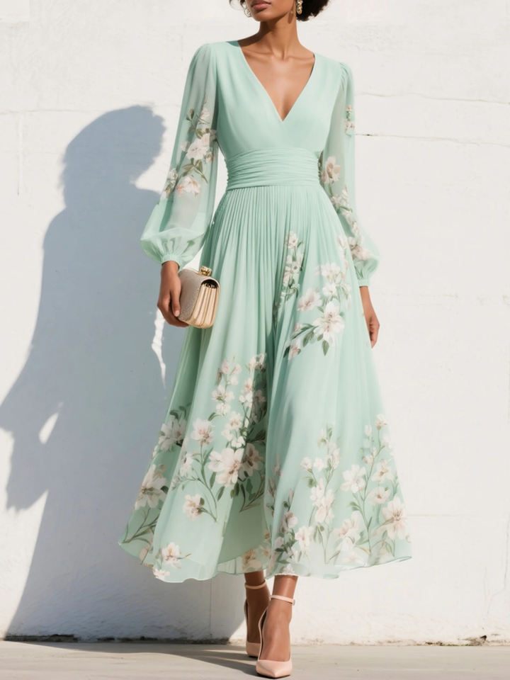 Robe longue plissée en mousseline vert menthe à imprimé floral pour femme