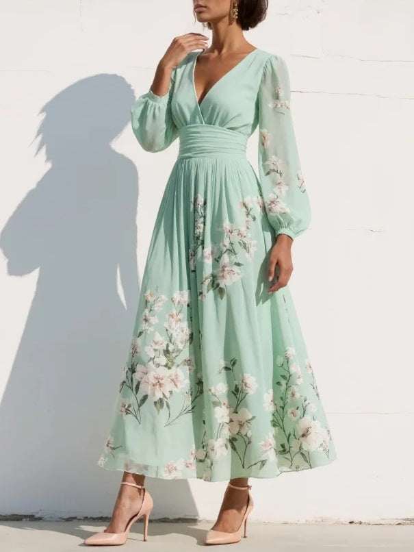 Robe longue plissée en mousseline vert menthe à imprimé floral pour femme