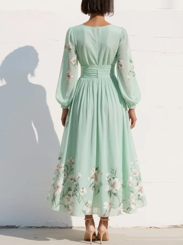 Robe longue plissée en mousseline vert menthe à imprimé floral pour femme