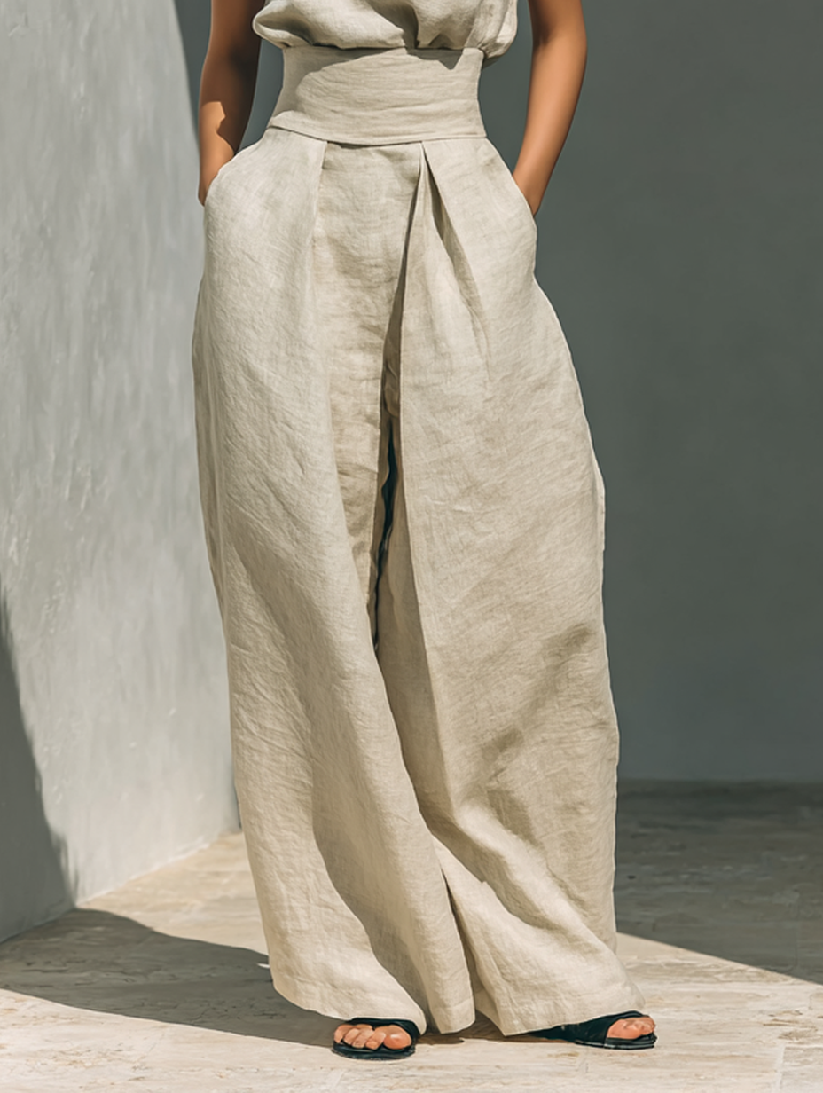 Aurora | Ensemble beige décontracté sans manches à pantalon large