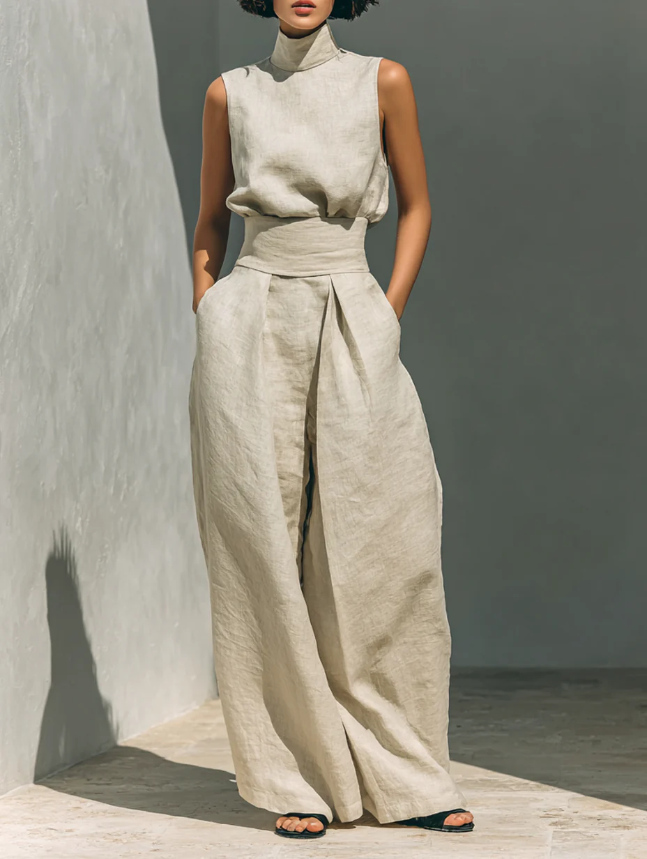 Aurora | Ensemble beige décontracté sans manches à pantalon large