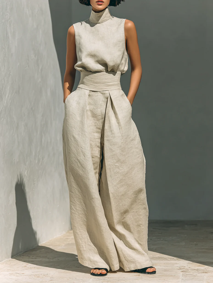 Aurora | Ensemble beige décontracté sans manches à pantalon large