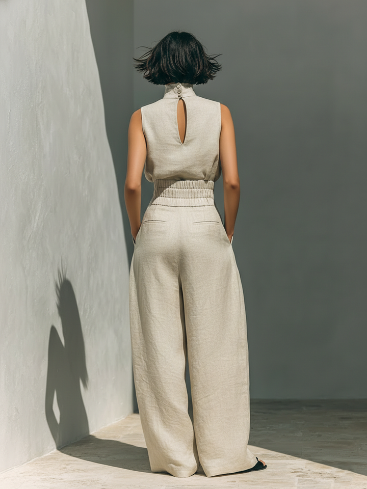 Aurora | Ensemble beige décontracté sans manches à pantalon large