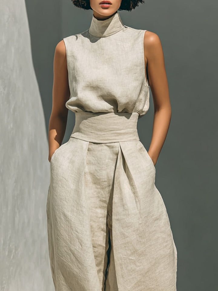 Aurora | Ensemble beige décontracté sans manches à pantalon large
