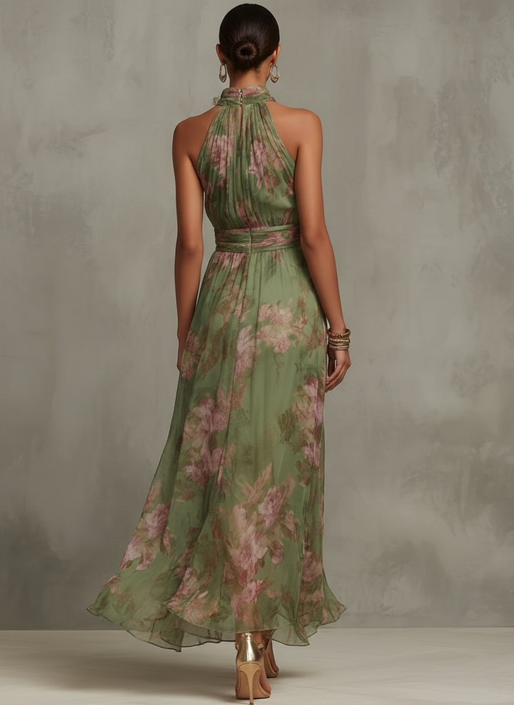 Serena — Élégante robe longue en mousseline à fleurs et col dos-nu