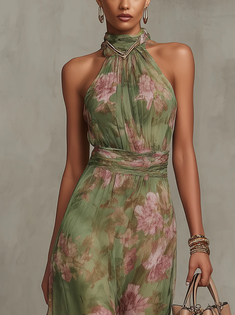 Serena — Élégante robe longue en mousseline à fleurs et col dos-nu