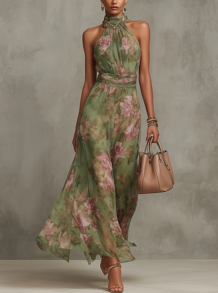 Serena — Élégante robe longue en mousseline à fleurs et col dos-nu