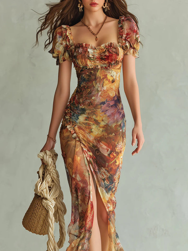 Viola | Robe longue en mousseline orange à imprimé peinture à l'huile de style bohème