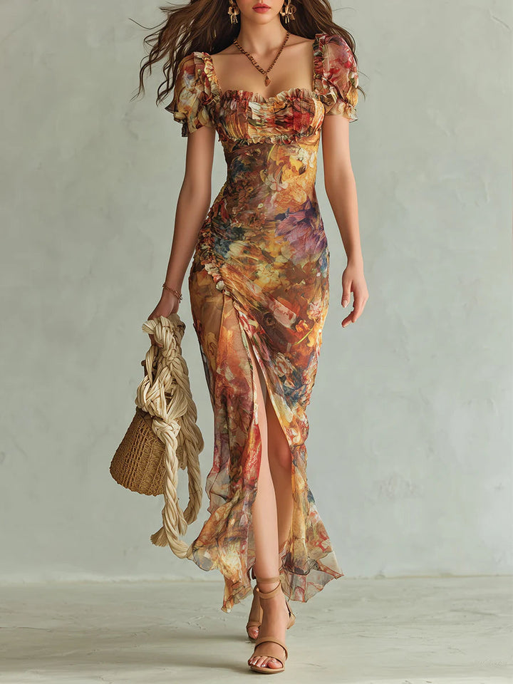 Viola | Robe longue en mousseline orange à imprimé peinture à l'huile de style bohème