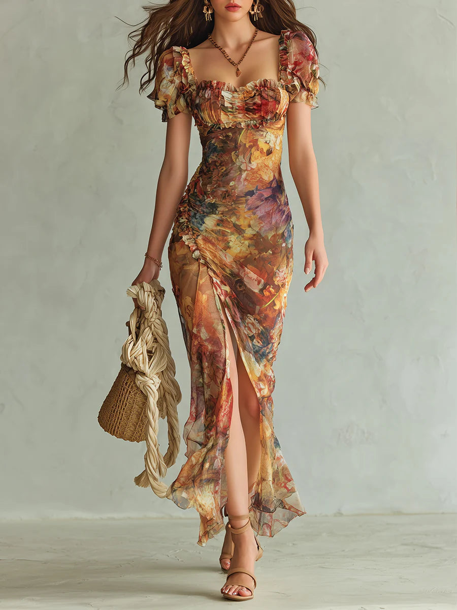 Robe longue bohème orange en mousseline à imprimé peinture à l'huile