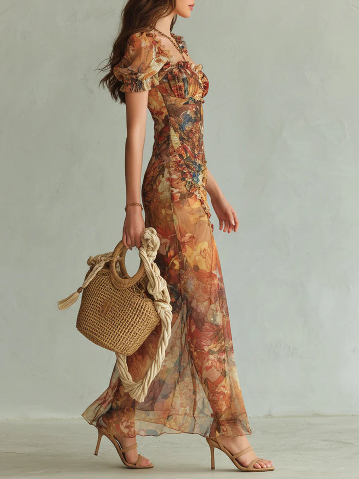 Viola | Robe longue en mousseline orange à imprimé peinture à l'huile de style bohème